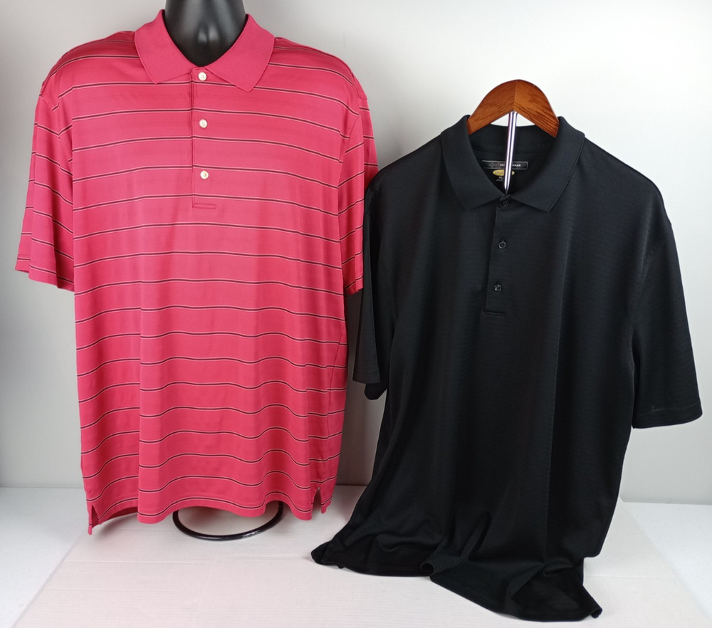 Lot of 2 Greg Norman Men's XL Short Sleeve Golf Polo Shirt Red Striped Black
